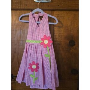 NWT - RARE EDITIONS - Girls Pink Gingham Halter Dress Flower Applique Size 5